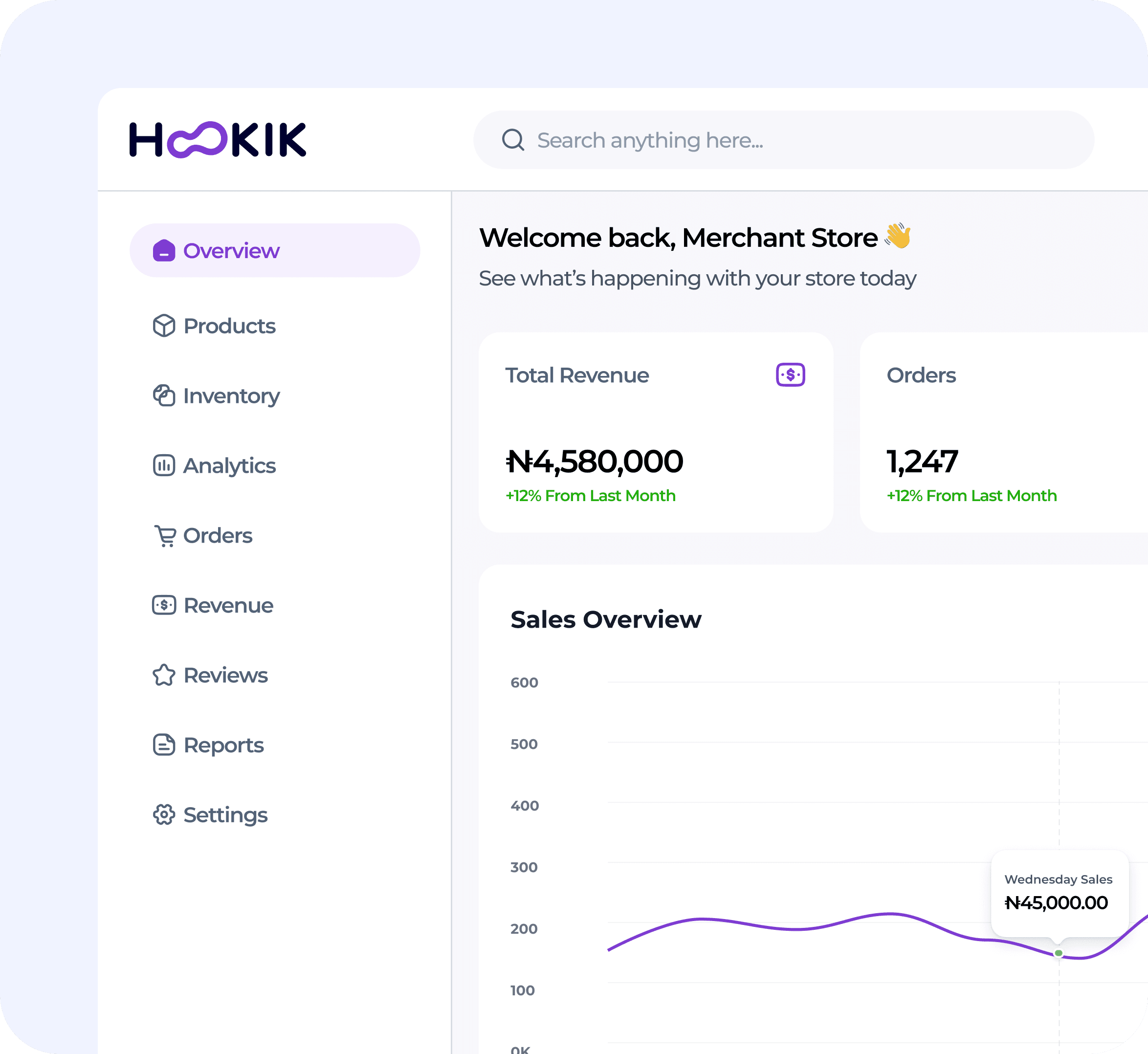 Hookik creator dashboard showing revenue, orders, and a sales overview chart