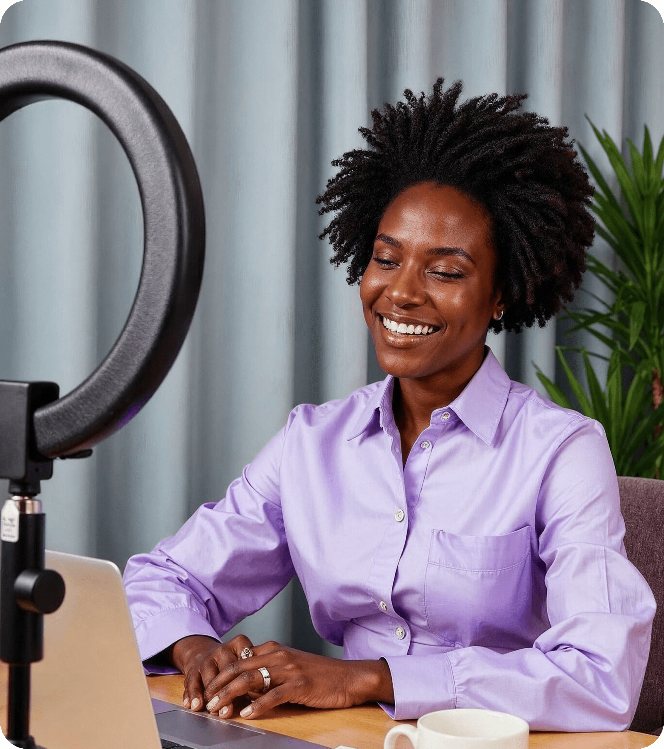 Creator recording content at her ring light, running her storefront from home